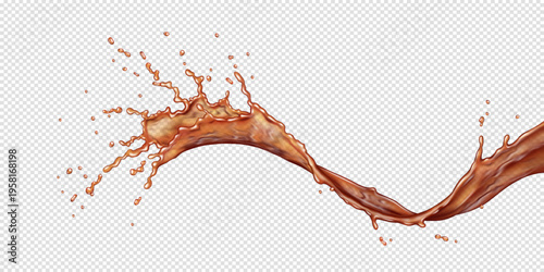 Realistic coffee or colla splash captured midair. Dynamic motion and energetic flow. Transparent background enhances its versatility for design projects.