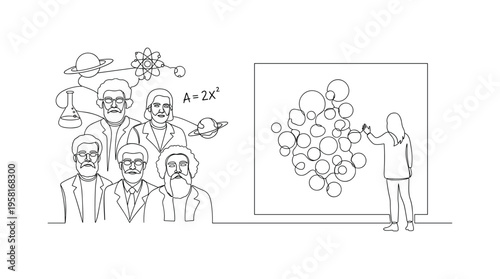 Scientific Legacy. Minimalistic one-line drawing group of historical scientists with symbols of their discoveries like atoms, planets, or equations, continuous