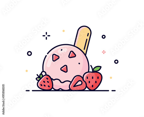 Strawberry ice cream flavor theme illustrated through a simple ice cream scoop with visible strawberry pieces and a small fruit icon beside it, expressing
