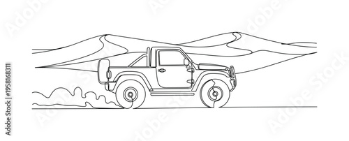 4x4 Desert Excursion. Minimalistic one-line drawing all-terrain vehicle moving across sandy desert landscape, continuous single black line on white background,