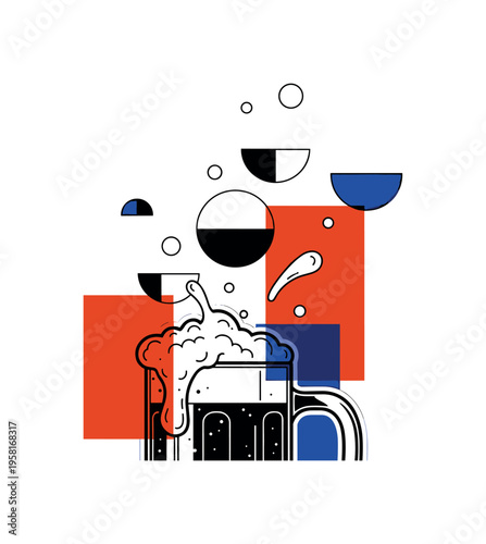 black-and-white retro beer mug filled with foam, geometric circles and semicircles rising like bubbles above the mug, bold orange and deep blue accent blocks,