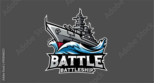 A dynamic illustration of a grey battleship with red accents, sailing through blue and white waves, featuring the bold text "BATTLE" and "BATTLESHIP" below, set against a dark grey background.
