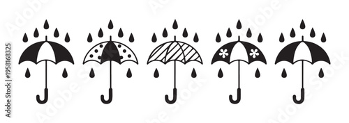 Stylized umbrella icons with decorative ornaments and falling rain drops for seasonal weather design elements