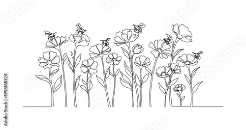 Pollinator-Friendly Blossoms. Minimalistic one-line drawing group of flowering plants with small bees visiting multiple blooms, continuous single black line on