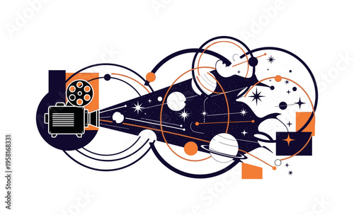 black and white vintage film projector projecting a beam filled with stars and planets, cut-out collage object with white outline, bold circular halos and
