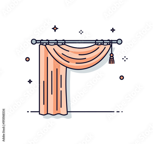 Home interior curtains hanging neatly from a simple curtain rod with gentle fabric folds and a small decorative tassel. Quiet domestic scene reflecting