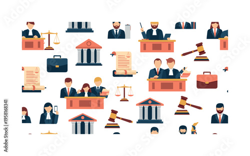 legal meeting and hearings seamless pattern, attorneys in suits, judges, courtrooms, briefcases, documents and gavel icons arranged in a repeating pattern,