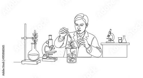 Eco Lab Experiment. Minimalistic one-line drawing scientist performing experiment on sustainable material in lab environment, continuous single black line on