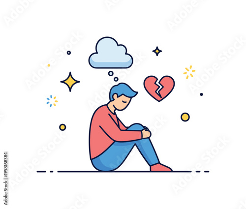 Inner sadness moment person sitting quietly with a small cloud above their head while a cracked heart symbol appears nearby. Visual metaphor of emotional