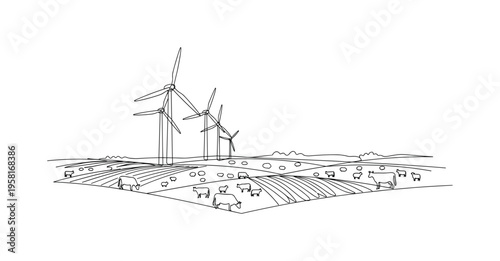 Wind Turbines on Farm. Minimalistic one-line drawing wind turbines rising above farmland with fields and farm animals below, continuous single black line on