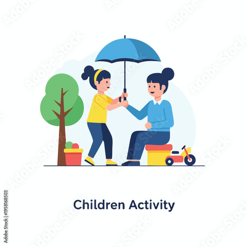 Two girls share an umbrella under a tree with a toy motorcycle