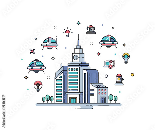 Space technology city hub featuring a futuristic building surrounded by hovering transport pods and small innovation icons suggesting robotics and advanced