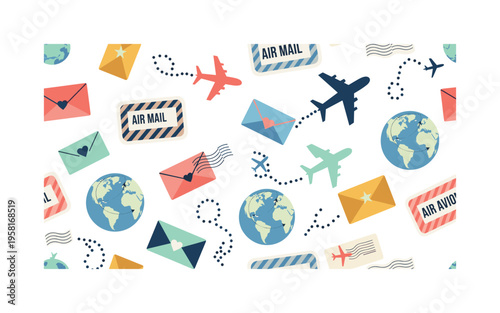 airmail stickers with airplanes, globes, envelopes and striped postal labels in playful layout, seamless pattern, repeating pattern, surface design, textile