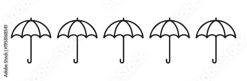 Five bold outlined black umbrella icons, featuring thick lines, clean and minimalist design style