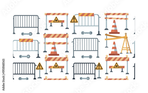 portable fence elements seamless pattern, metal panels, cones, fasteners, warning signs, tape and support poles arranged in a repeating pattern,