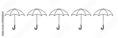 Set of five black umbrella icons with solid handles, outlined design, simple and minimalist style
