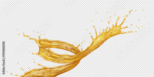 Vibrant splash of golden motor oil or juice liquid captured midair. Dynamic fluid movement with drops scattered around. Perfect for design concepts and advertising materials.