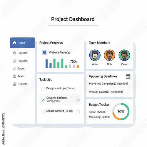 Project dashboard showing progress, team members, tasks, deadlines, and budget