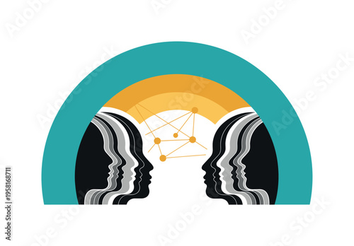 A monochrome group of profiles facing inward in a circle, bold flat semicircle framing the composition like a rising idea, thin connecting lines forming a