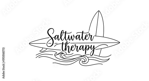 Vector surfboard and wave logo with 'Saltwater therapy' text