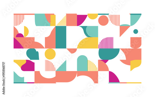 vivid color geometric seamless pattern, bold triangles, circles, rectangles, and stripes in bright contrasting tones arranged in a repeating pattern, white