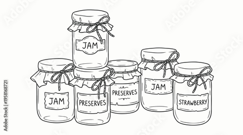 A group of glass jars with jam and preserves labels stacked on a table indoors