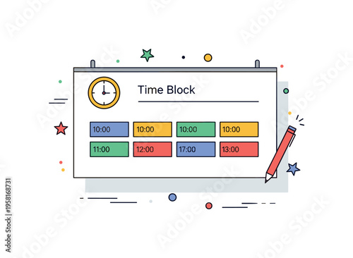 Planning a productive day with specific time slots for tasks visualized through a clean daily schedule board divided into neat hourly blocks. A small clock