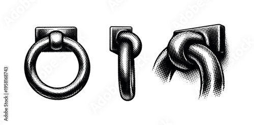 Buoy metal ring detail, circular metal attachment ring from a buoy shown from front view, side view, and angled close-up with realistic thickness. Black and