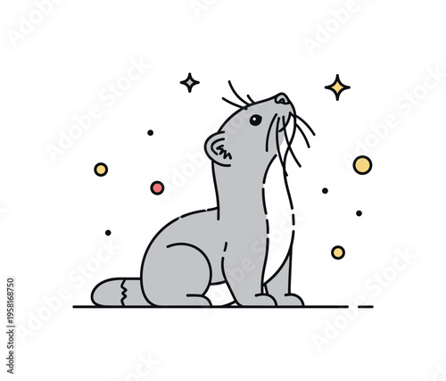 Mink alert posture attentive animal lifting its head while tiny ear and whisker details emphasize curiosity and awareness. The illustration conveys the sharp