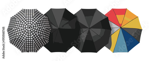 Top view colorful umbrellas rain protection open and closed isolated on white background