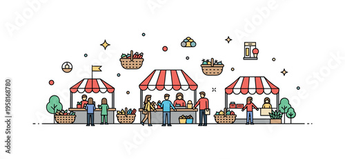 Outdoor food and craft market with tiny tents, baskets of goods, and people browsing, subtle decorative stars and dots highlighting lively and friendly