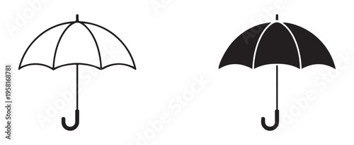 Umbrella icon outline and filled black graphic symbol for weather protection outdoor accessory