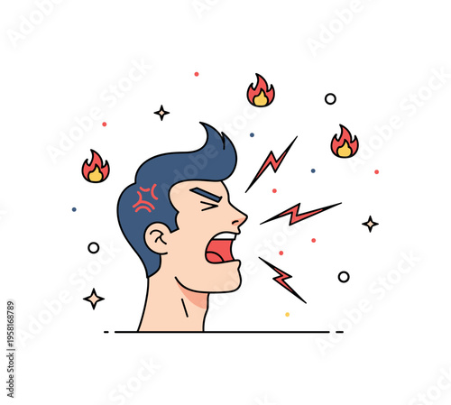 Anger outburst character shouting as small flame icons and sharp energy lines appear around the face representing heated emotions. The scene symbolizes