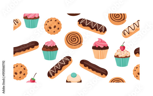 sweet bakery treats seamless pattern, repeating pattern, surface design, textile print, modern illustration of cupcakes, eclairs, cookies, and cinnamon rolls