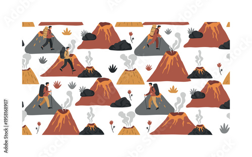 volcano trekking adventure seamless pattern, people hiking active volcanic slopes with backpacks, volcanic rocks, fumaroles, and small plants arranged in a