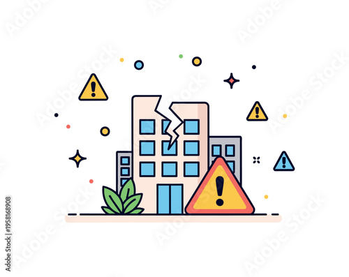 Seismic disaster warning symbol cracked building icon surrounded by small alert triangles representing earthquake risk and emergency awareness. The composition