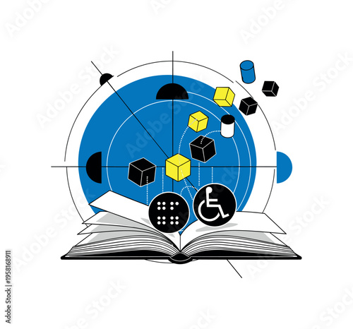 retro style open book with accessibility icons such as braille dots and wheelchair symbol emerging from pages, black and white object cut out with white