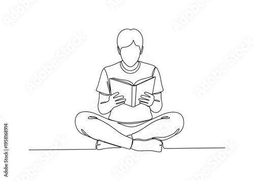 Meditative Reading. Minimalistic one-line drawing person reading a book while seated cross-legged, representing reflection and growth, continuous single black