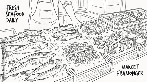 Fishmonger displays fresh seafood daily at market