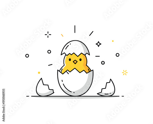 Chick hatching gentle spring moment where a tiny yellow chick peeks out from a cracked eggshell while small shell pieces rest around it. The cheerful scene