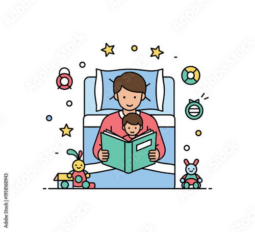 Bedtime story ritual with a parent reading to a child, surrounded by soft blankets and toys, emphasizing comfort, learning, and emotional closeness. Minimalist