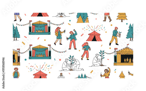 festival party seamless pattern, friends enjoying outdoor concerts, dancing, holding drinks, colorful outfits, stages, tents, lights and confetti arranged in a