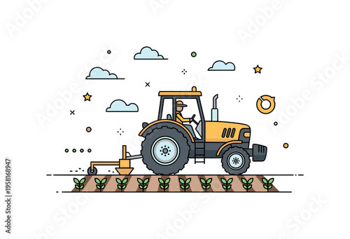 Farm equipment operators working with tractors farmer driving a large tractor across a cultivated field while small crop rows stretch behind the machine. The
