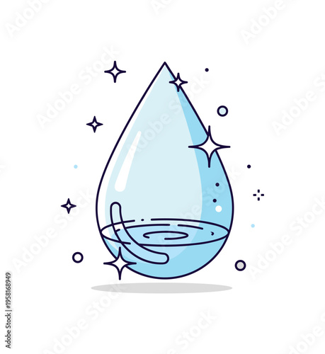 Crystal clear water droplet large water drop icon with tiny reflective sparkles along its edge. A clean editorial illustration symbolizing purity and luminous