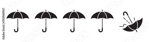 Minimalist black umbrella silhouettes icons set for mobile application interface or weather forecast design