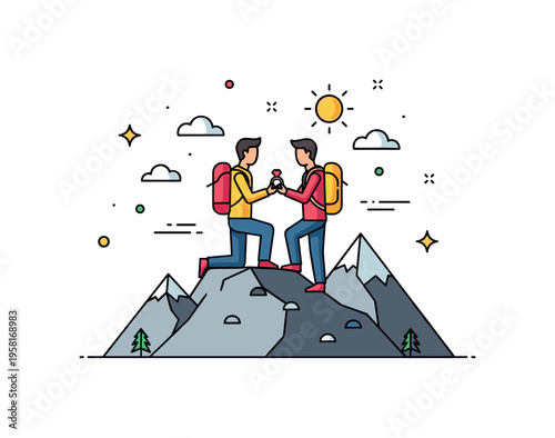 Mountain proposal moment couple standing on a scenic mountain peak while one partner presents a ring against a small sun icon on the horizon. The scene conveys