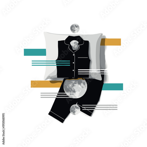 black-and-white pajama shirt and pants laid flat across a bed pillow, floating geometric moon-like circles and horizontal lines symbolizing bedtime routine,