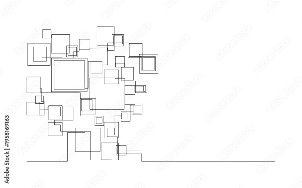 Obraz premium Square Pattern. Minimalistic one-line drawing simple repeating square pattern for decorative purposes, continuous single black line on white background, simple