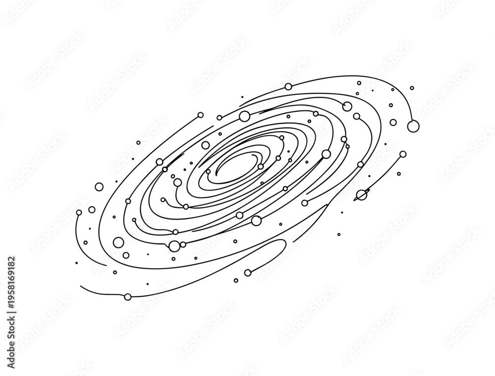 Obraz premium Milky Way View. Minimalistic one-line drawing curved galaxy formation with stars and planets surrounding it, continuous single black line on white background,