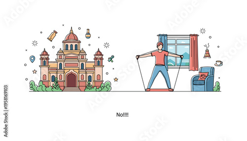 Home Workout With Bands. Minimalistic one-line drawing person exercising at home using resistance bands for full-body fitness, continuous single black line on